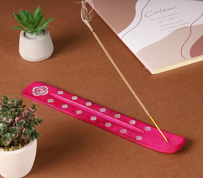 Bless-International Traditional-Handmade-Burner Wooden-Incense-Stick-Holder Ash-Catcher-Stand for-Aromatherapy-Meditation-Yoga (Heart Pink) 10 Inches, Pack of 1