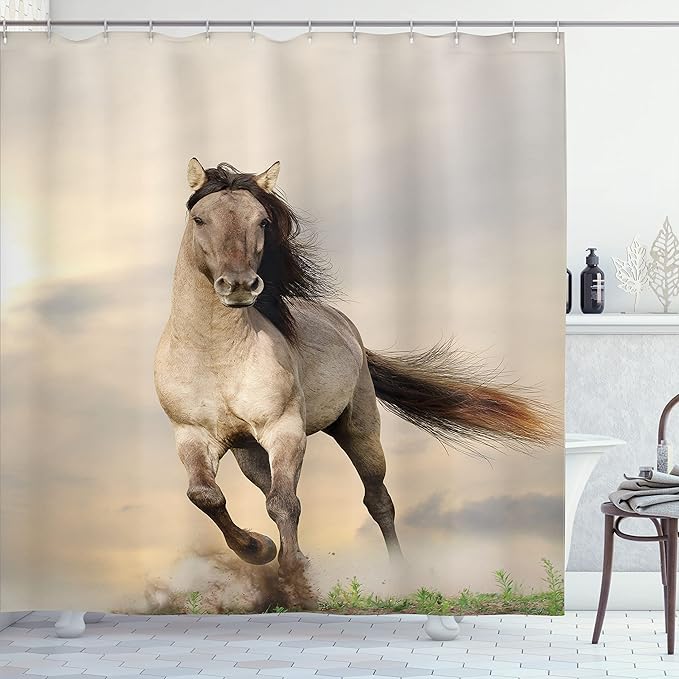 Ambesonne Horses Shower Curtain, Wild Young Stallion Horse Running at Sunset Male Power Muscular Physique Nobility Photo, Cloth Fabric Bathroom Decor Set with Hooks, 69" W x 70" L, Beige