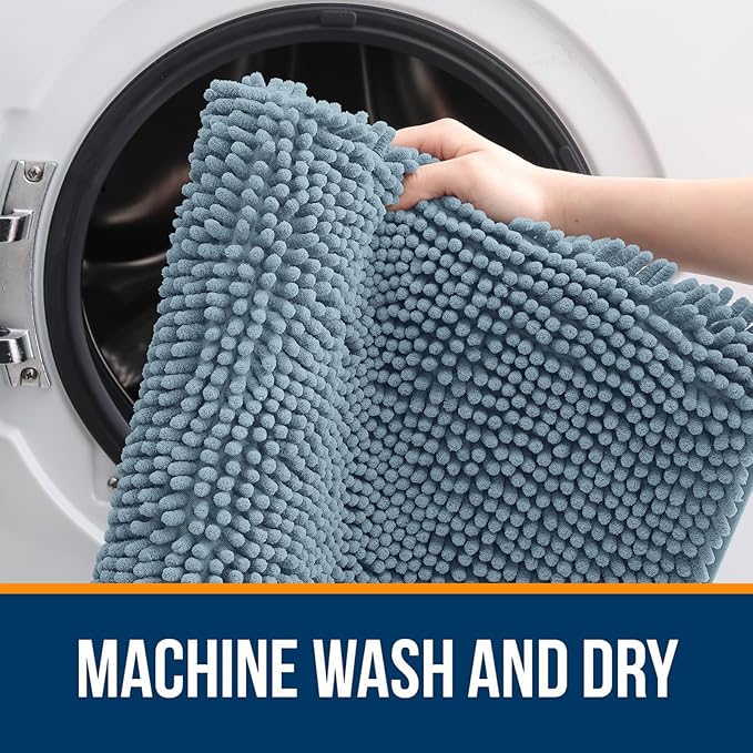 OLANLY Small Bathroom Rugs 24x16, Extra Soft Absorbent Chenille Bath Rugs, Rubber Backing Quick Dry, Machine Washable Bath Mats for Bathroom Floor, Tub and Shower, Home Decor Accessories, Airy Blue