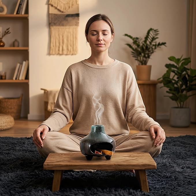 Palo Santo Holder Ceramic,BAOBYAO Blue Palo Santo Burner Incense Holder,Cone Incense Burner Mini Chiminea for Wood Sticks,Aromatic Home Decor for Spiritual Rituals,Yoga,Meditation, 4 * 4 * 4INCH