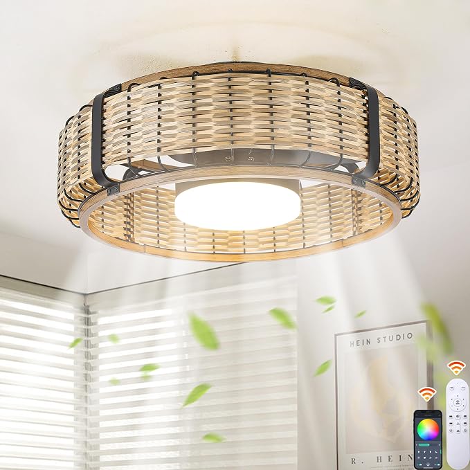 Ganeed 20" Bamboo LED Dimmable Ceiling Fan with Light and Remote Control, Boho Rattan Caged Ceiling Fans with Lights 6 Speed/Timer/RGB Flush Mount Fandelier for Kitchen Living Room Indoor Bedroom