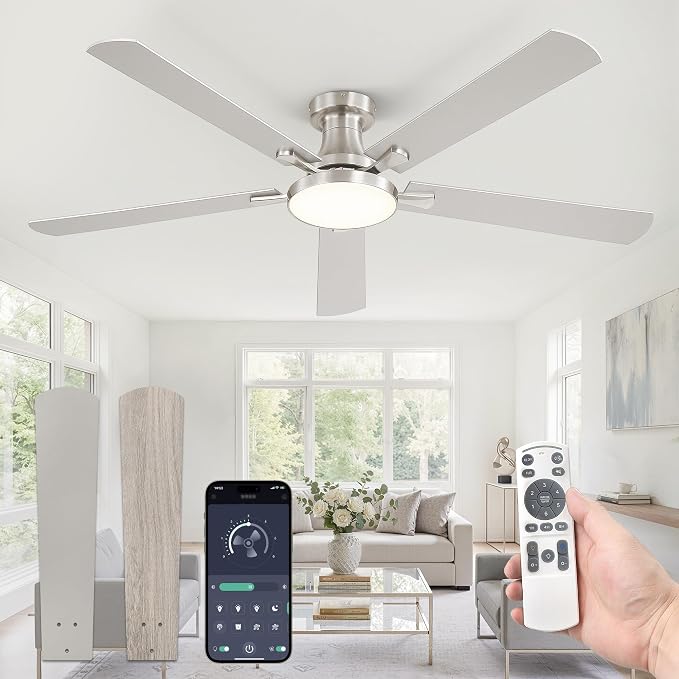 ZMISHIBO 60 Inch Flush Mount Ceiling Fan with Light, Remote&APP, Nickel | 6-Speed Quiet DC Motor, Dimmable 24W LED with 3CCT (3000K-6500K), Modern Low Profile for Living Room, Bedroom, Kitchen