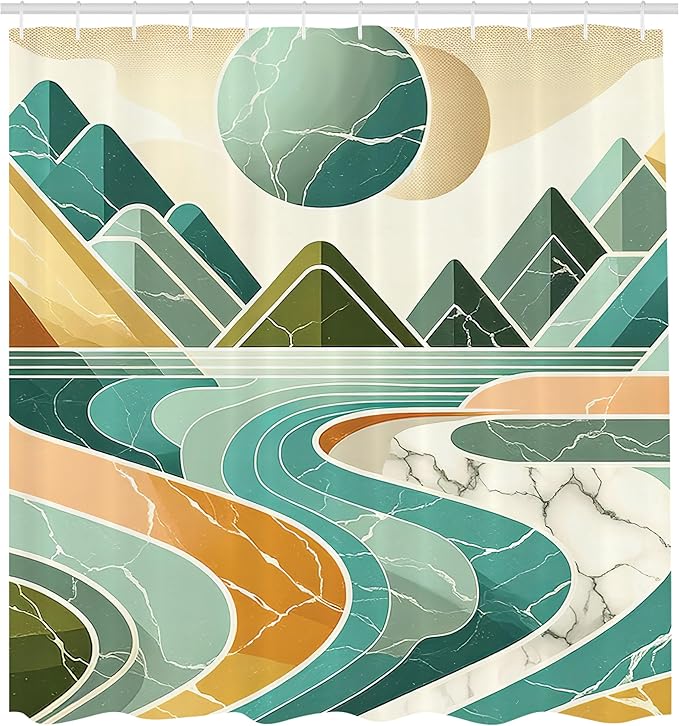 Ambesonne Lake Shower Curtain, Mid Century Modern Inspired Mountain Sun Nature Scene Minimal Marble Print, Cloth Fabric Bathroom Decor Set with Hooks, 69" W x 75" L, Amber and Seafoam