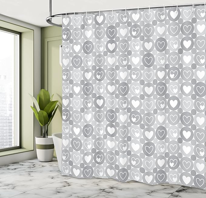 Ambesonne Grey Shower Curtain, Geometrical Hearts and Happiness and Love Romantic Valentine Happiness Flat, Cloth Fabric Bathroom Decor Set with Hooks, 69" W x 70" L, White