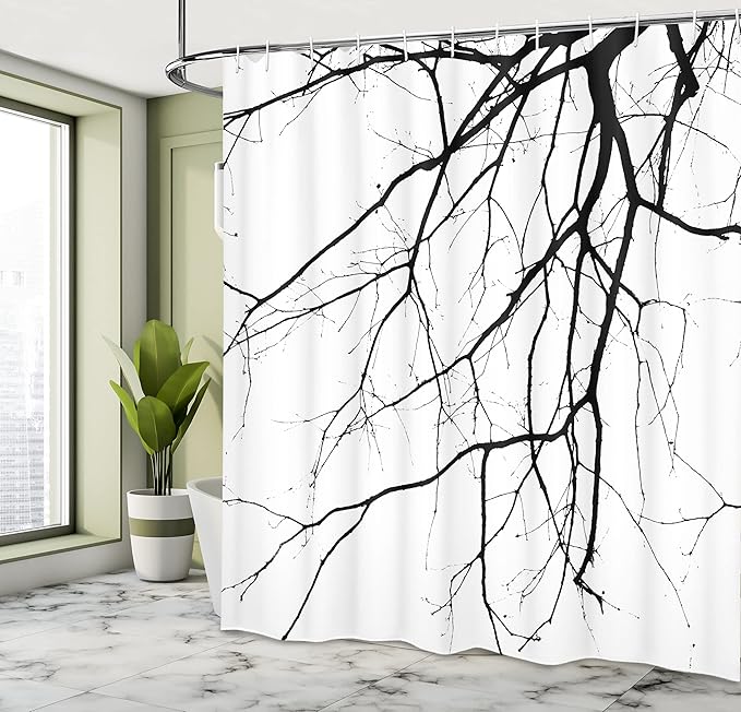 Ambesonne Black White Shower Curtain, Macro Leafless Winter Tree Branches Idyllic Twigs of Oak Nature Print, Cloth Fabric Bathroom Decor Set with Hooks, 69" W x 70" L, Black White