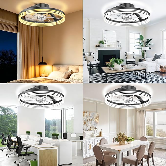 Ceiling Fans with Lights and Remote, 20" Low Profile Flush Mount Ceiling Fan, 3000-6500K Dimmable LED Fandelier, 6 Quiet Speeds for Bedroom