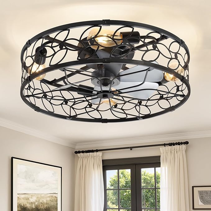 LEDIARY 23 Inch Caged Ceiling Fans with Lights, Black Flush Mount Ceiling Fan with Remote, Large Low Profile Bladeless Ceiling Fan Light Fixture for Bedroom, Kitchen, Dining Room