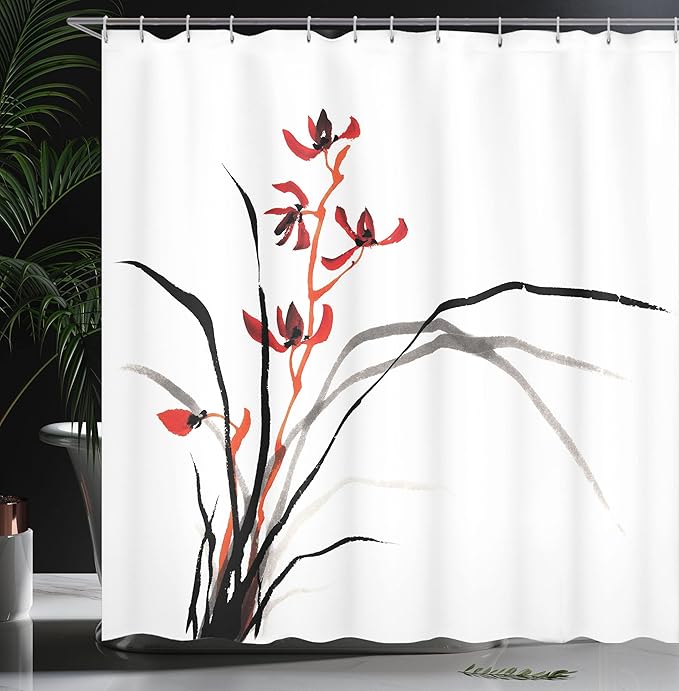 Ambesonne Japanese Shower Curtain, Classic Cultural Chinese Ink Paint of Native Wild Orchids Reflexive Birches, Cloth Fabric Bathroom Decor Set with Hooks, 69" W x 84" L, Orange Black