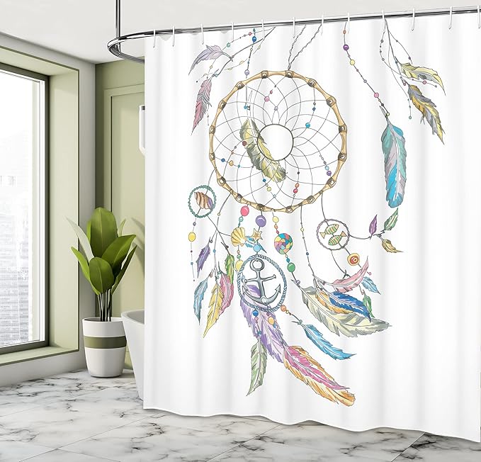 Ambesonne Tribal Shower Curtain, Dreamcatcher with Marine Objects Shell Fish Anchor Boho Print Image, Cloth Fabric Bathroom Decor Set with Hooks, 69" W x 70" L, Violet
