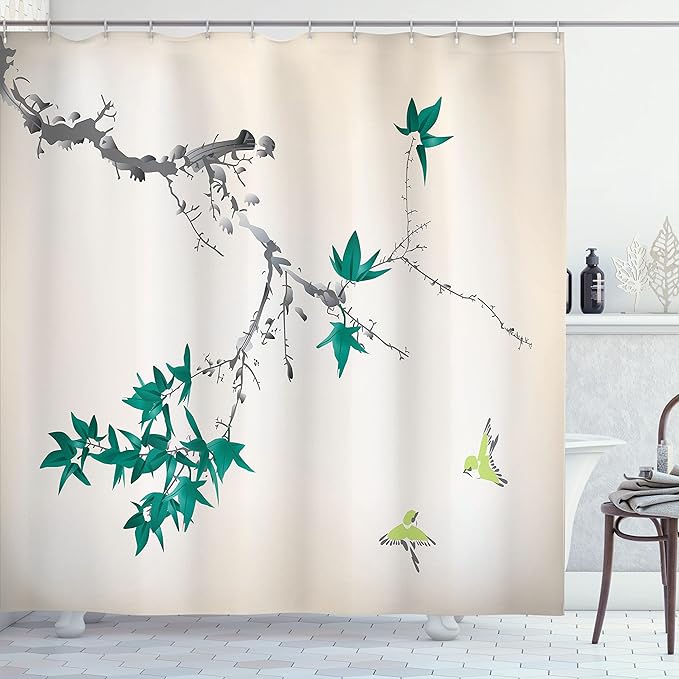 Ambesonne Japanese Shower Curtain, Cherry Blossom Sakura Tree Branches Romantic Spring Themed Watercolor Picture, Cloth Fabric Bathroom Decor Set with Hooks, 69" W x 70" L, Dark Seafoam