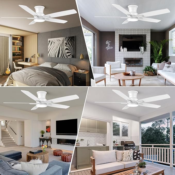 YUHAO 52 Inch Flush Mount White Ceiling Fan with Light and Remote Control.Noiseless,Dimmable,3CCT,6 Speeds Reversible, Low Profile DC Ceiling Fans for Indoor or Covered Outdoor Use,ETL Listed