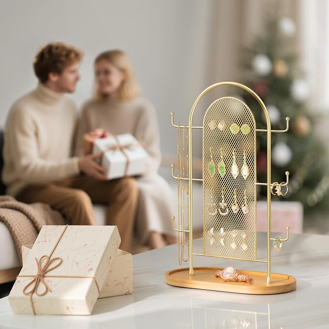bussdis Jewelry Holder Organizer Earring Display - Earring Storage Tree Stands Towers With 6 Hooks 300 Studs Wood Tray Gold Metal Rack