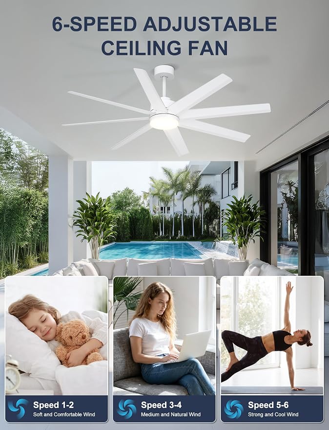 Ohniyou 60" Modern Ceiling Fan with Light for Patio, Porch, Living Room | Remote/App Control, Quiet DC Motor, 3CCT Dimming, Covered Outdoor Fan with 8 ABS Blades, White