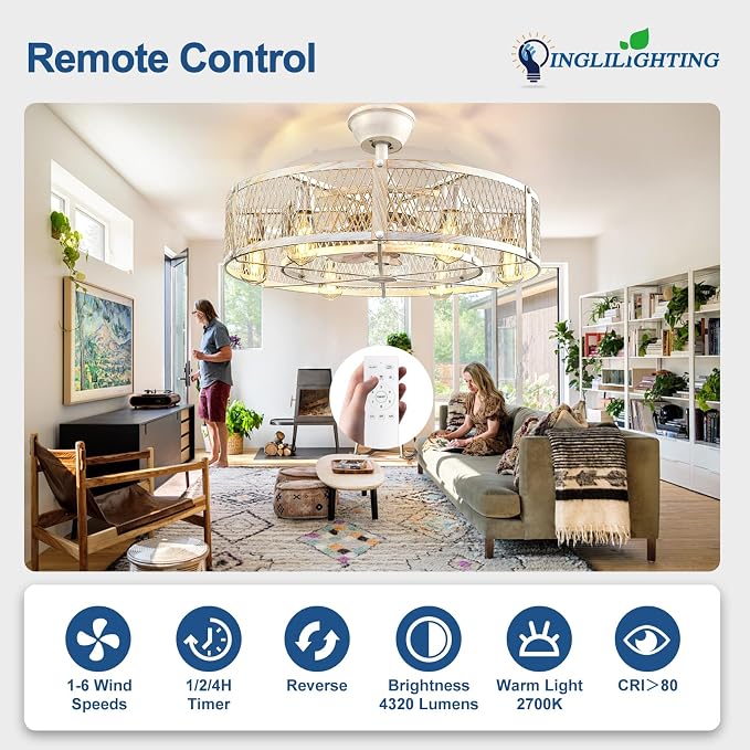 DLLT Caged Ceiling Fan with Lights: 26" Large Bladeless Fandelier with Light and Remote - Cement Industrial Chandelier Fan Light Semi Flush Mount Rustic Enclosed Fans Bedroom Dining Room Kitchen