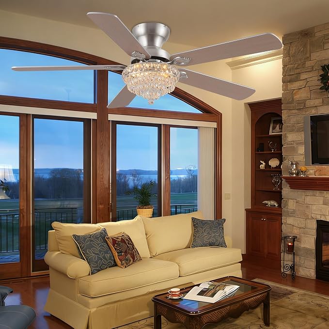 GJeg Crystal Ceiling Fan Fandelier with Lights-Ceiling Fans with Remote Control,Modern Ceiling Fan with Noiseless DC Reversible Motor,Dining Room,Living Room(52" Nickel)