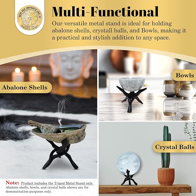 New Age Imports, Inc. Tripod Stand - Home Decor Holder for Abalone Shell for display or smudging, Crystal Ball, Trinket & Jewelry Dish, Bowls, Geodes,& More! Heavy Duty (6 INCH - Black Metal)