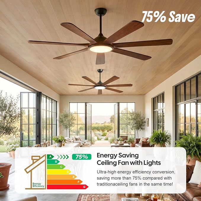 72 inch Solid Wood Smart Ceiling Fan with Lights, Alexa Voice Control,Modern Rustic Farmhouse Outdoor 7-Blade Ceiling Fan for Large Room Patio Gazebo, Damp Rated high air volume, DC motor