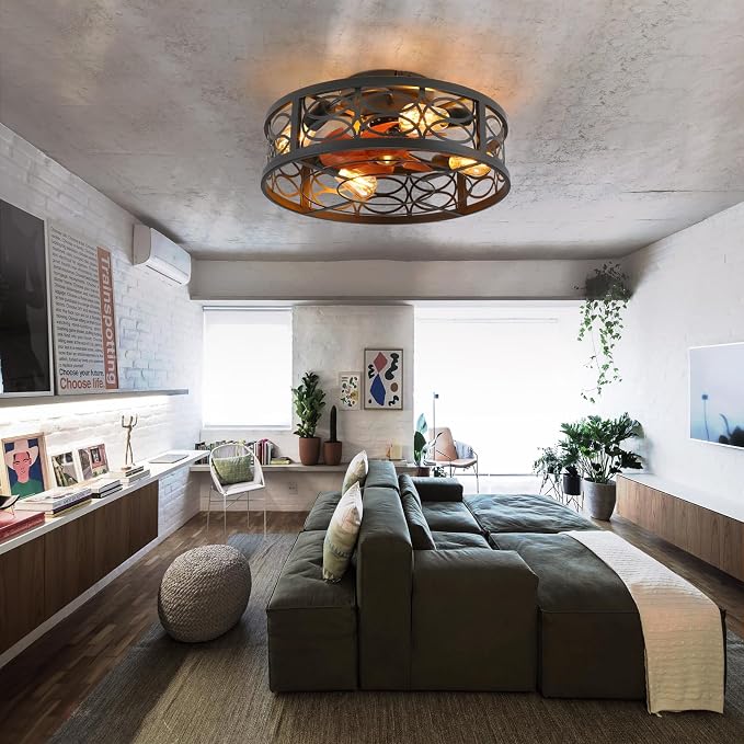 20" Caged Ceiling Fan with Light and Remote，Bladeless Ceiling Fan 6 Speed Reversible with 4 Bulbs and Remote Control.Low Profile Ceiling Fans with Lights for Bedroom, Dining Room
