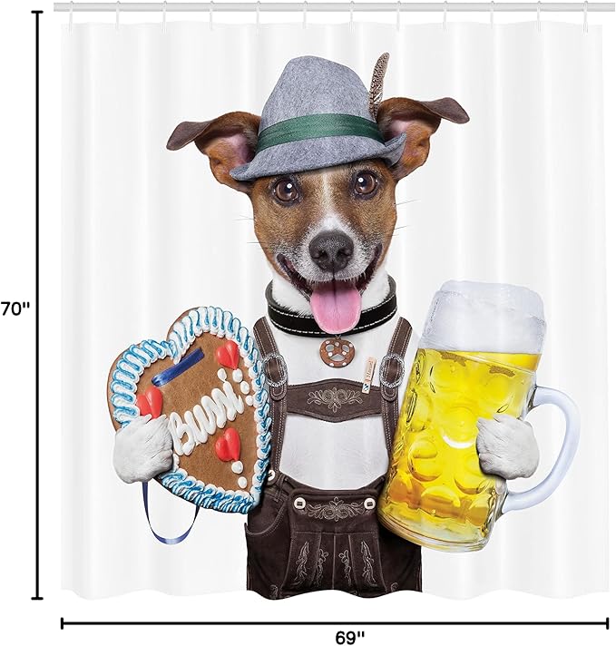 Ambesonne Oktoberfest Shower Curtain, Oktoberfest Dog with Beer Mug and Gingerbread Heart Smiling Happy Times Art, Cloth Fabric Bathroom Decor Set with Hooks, 69" W X 70" L, Yellow Brown