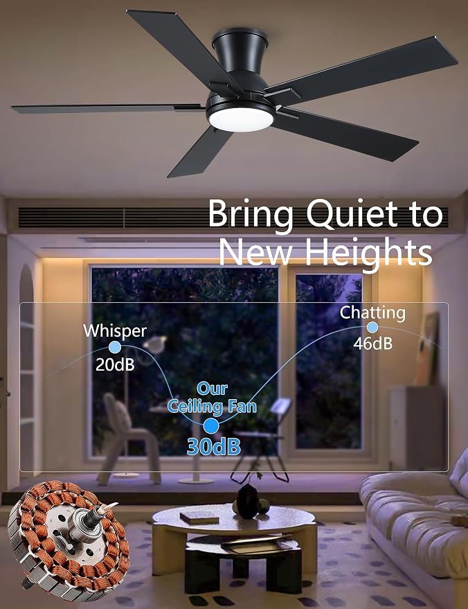 52 Inch Black Flush Mount Ceiling Fan with Light, 3CCT Dimmable LED, 6-Speed Remote Control, Reversible Motor,Quiet Low Profile Energy-Efficient for Bedroom & Living Room,ETL Listed