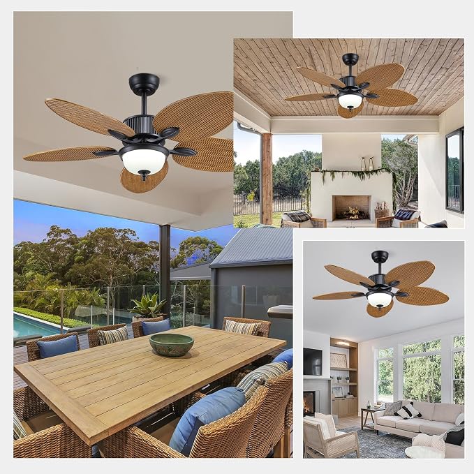Wiviniya 50 Inch Tropical Ceiling Fans with Lights, Palm Leaf Waterproof Outdoor Ceiling Fan for Patios Porch, Remote/APP Control, Wet Rated, Glass Lampshade, Quiet DC Motor, Dimmable LED, Wood Grain