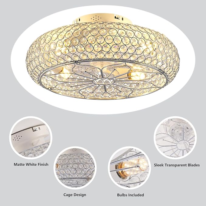 Caged Crystal Ceiling Fans with Lights and Remote,20" Flush Mount Low Profile Ceiling Fan with Light,6 Speed Enclosed Ceiling Fan with Reversible Motor for Bedroom Living Room|(4 E26 Bulbs Included)