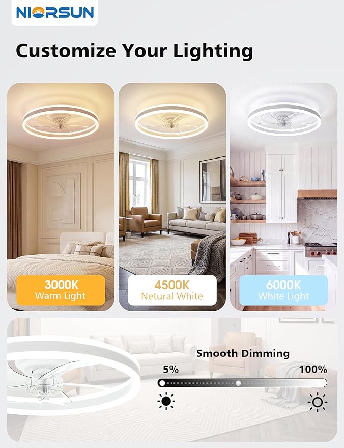NIORSUN RGB Ceiling Fans with Lights and Remote, Modern Smart LED Ceiling Fans Light, 6 Speeds & 3000K-6500K Dimmable, Quiet Bladeless Fandelier Ceiling Fan with Light for Bedroom(20Inch,White)