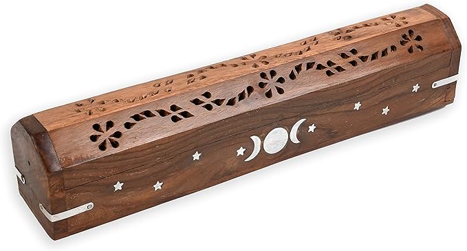 Incense Garden Pack of 2 Incense Stick Holder - Coffin Style - Wood Incense Stick Burner with Triple Moon Inlays (Natural) Handmade with Brass Inlays