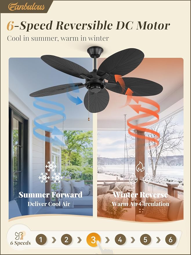 Fanbulous 52 Inch Ceiling Fan No Light, Remote & Pull Chain Tropical Fan With 6 Speeds, 3 Timers, DC Quiet Motor, 5 Palm Blade for Bedroom Living Room Covered Outdoor Patio Porch, Damp Rated, Black