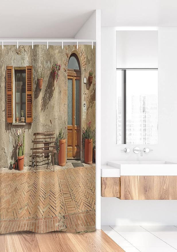 Ambesonne Tuscan Stall Shower Curtain, Doorway to Historic House Build Alley Cobblestone Street European Town Many Flowering Plants, Fabric Bathroom Decor Set with Hooks, 36" W x 72" L, Cinnamon Tan