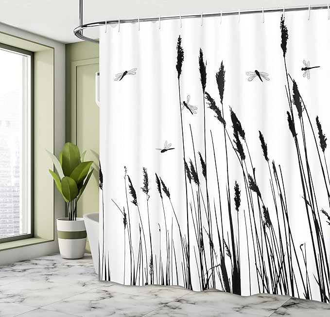 Ambesonne Dragonfly Shower Curtain, Wheat Field Autumn Agriculture Background Nature Harvest Bush Herbs Theme Art, Cloth Fabric Bathroom Decor Set with Hooks, 69" W x 70" L, White Black