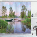Ambesonne Landscape Shower Curtain, Rural Landscape Lakeside Boat Trees Grass Clouds and Boardwalk Countryside, Cloth Fabric Bathroom Decor Set with Hooks, 69" W x 75" L, Brown Green