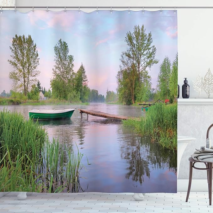 Ambesonne Landscape Shower Curtain, Rural Landscape Lakeside Boat Trees Grass Clouds and Boardwalk Countryside, Cloth Fabric Bathroom Decor Set with Hooks, 69" W x 75" L, Brown Green
