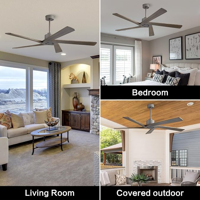 WINGBO 72 Inch DC Ceiling Fan No Light with 3 Downrods, 5 Reversible Carved Solid Wood Blades, 6-Speed Noiseless DC Motor, Ceiling Fan without Lights in Graphite Finish and Gray Blades, ETL Listed