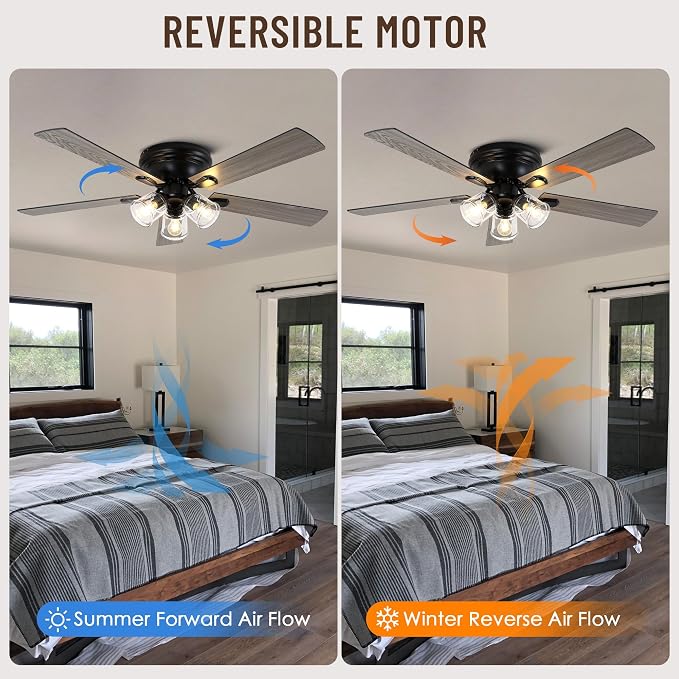 52" Flush Mount Ceiling Fan with Lights and Remote Control | Farmhouse Ceiling Fan with Light,Reversible Quiet DC Motor,5 Wood Blades,3 Clear Glass Lights for Bedroom Living Room Kitchen