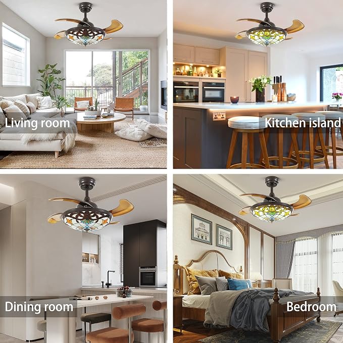 36" Tiffany Style Ceiling Fan with Lights, Remote Control Led Dimmable Fandelier Fixture with 4 Retractable Reverse Blades, Vintage Stained Glass Suit for Bedroom Living Room