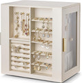 VLANDO 360ｰ Rotating Jewelry Box with 5 Drawers, Large Jewelry Storage with 2 Glass Window, PU Leather Jewelry Organizer for Bracelets, Necklaces, Earrings, Rings - Cloud White