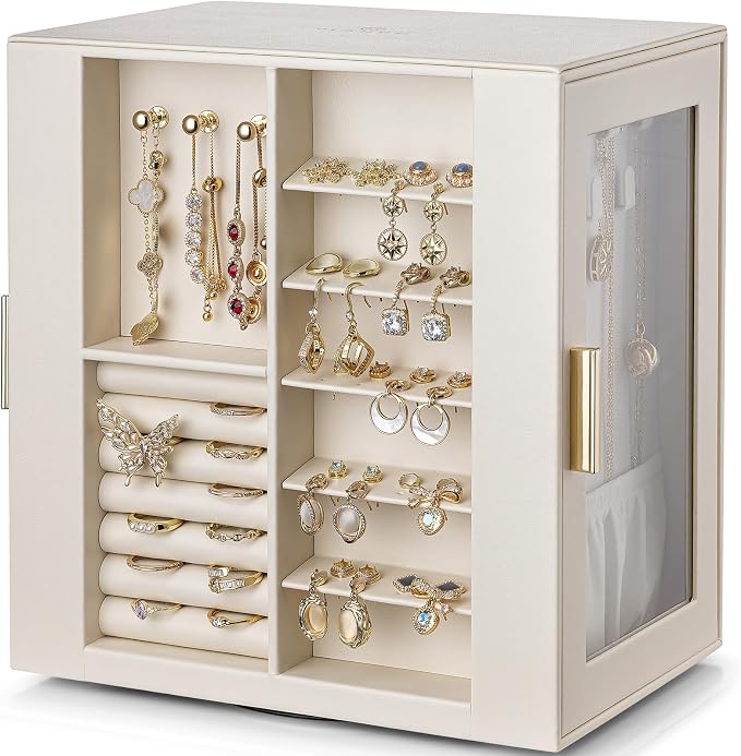 VLANDO 360ｰ Rotating Jewelry Box with 5 Drawers, Large Jewelry Storage with 2 Glass Window, PU Leather Jewelry Organizer for Bracelets, Necklaces, Earrings, Rings - Cloud White