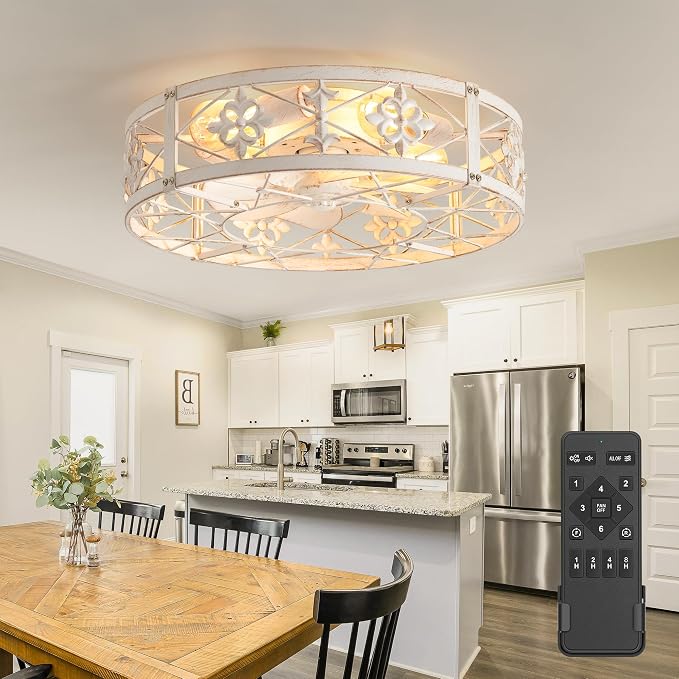 ZYD Caged Ceiling Fans with Light, 20" Ceiling Fans with Lights and Remote Flush Mount, Bladeless Caged Ceiling Fan with Light, Rust White Farmhouse Ceiling Fan for Bedroom, Kitchen, Dining Room