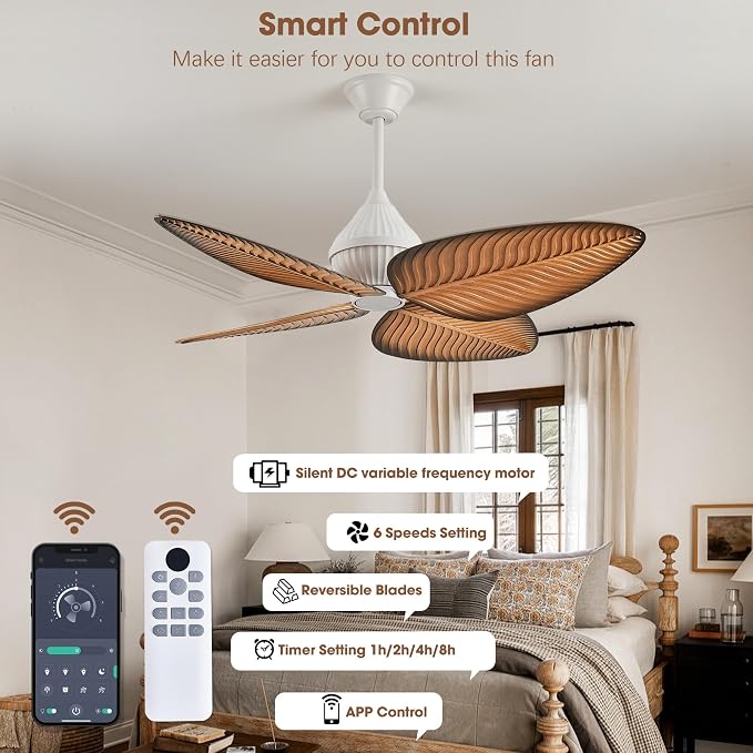 52"White Tropical Ceiling Fans, Flush Mount Palm Leaf Ceiling Fan no Light, Indoor Ceiling Fans without Light for Living Room Bedroom Kitchen Covered Gazebo, APP and Remote Control-Light Wood Grain