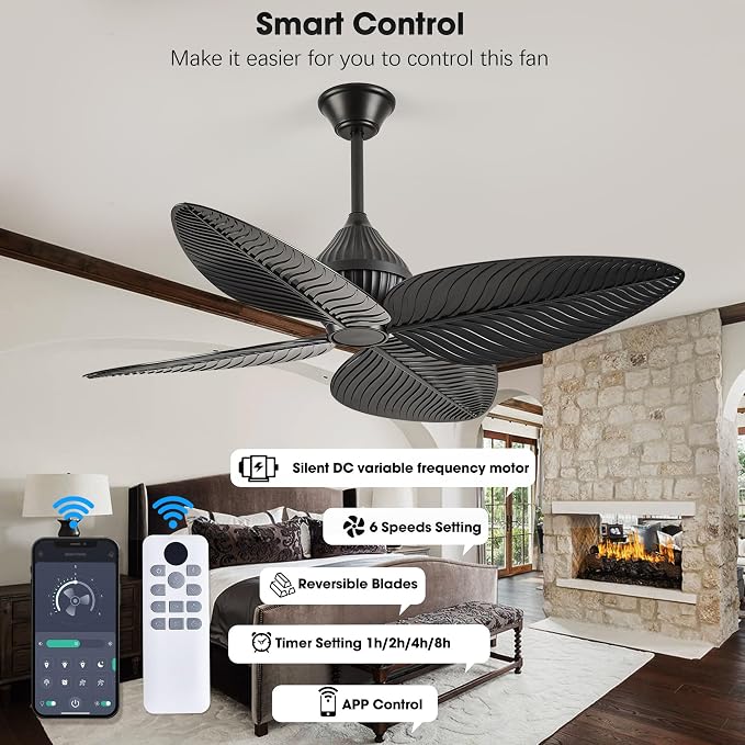 52" Black Tropical Ceiling Fans, Flush Mount Palm Leaf Ceiling Fan no Light, Indoor Ceiling Fans Without Light for Living Room Bedroom Kitchen Covered Gazebo, APP and Remote Control