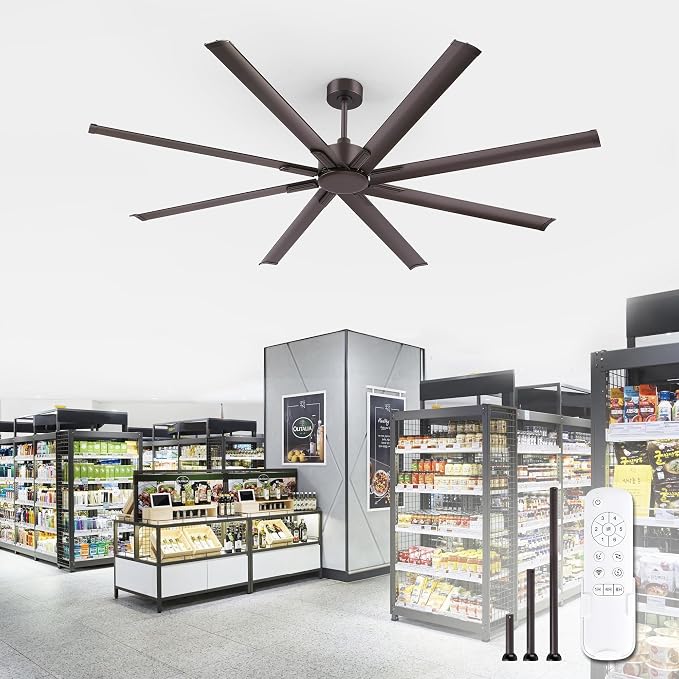 ZMISHIBO 84 Inch Industrial DC Motor Ceiling Fan, Large Ceiling Fan with 8 Reversible Blades, 3 Downrods, 6-Speed Remote Control, Home or Commercial Ceiling Fans for Porch/Garage/Shop, Oil-bronze