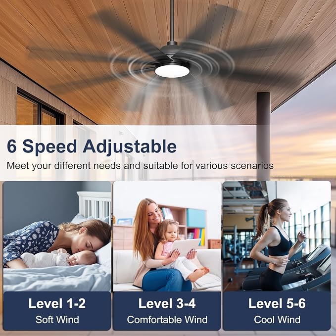 72'' Ceiling Fan with Light - Remote & APP Control, 3 CTT Dimmable, 6 Speed Reversible DC Motor Fan for Shop, Garage, Covered Outdoor, Black