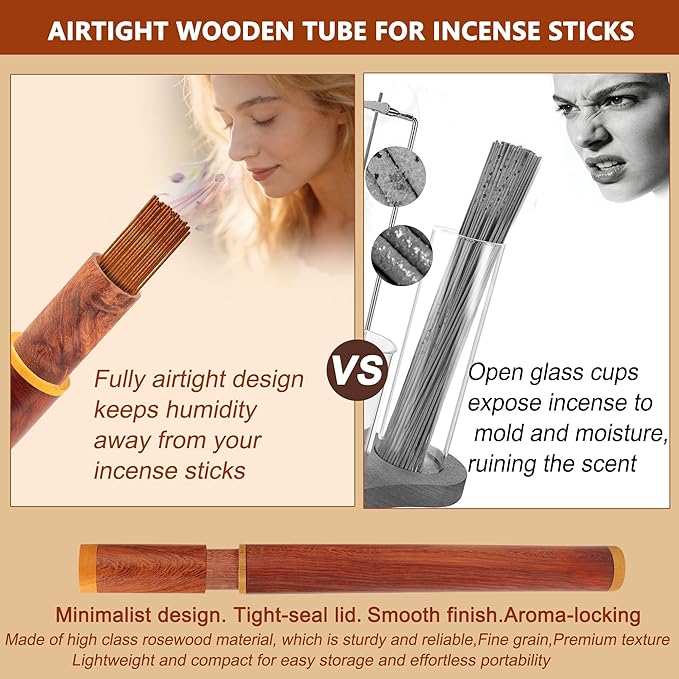 Wood Incense Holder for Sticks with Glass Ash Catcher-Airtight StorageTube,Portable Incense Burner for Yoga Meditation Travel Home Gift