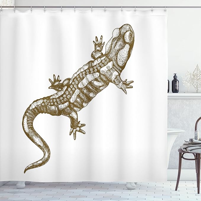 Ambesonne Animal Shower Curtain, Exotic Salamander Lizard Retro Styled Reptile Wilderness Theme Sketchy Illustration, Cloth Fabric Bathroom Decor Set with Hooks, 69" W x 70" L, White Beige