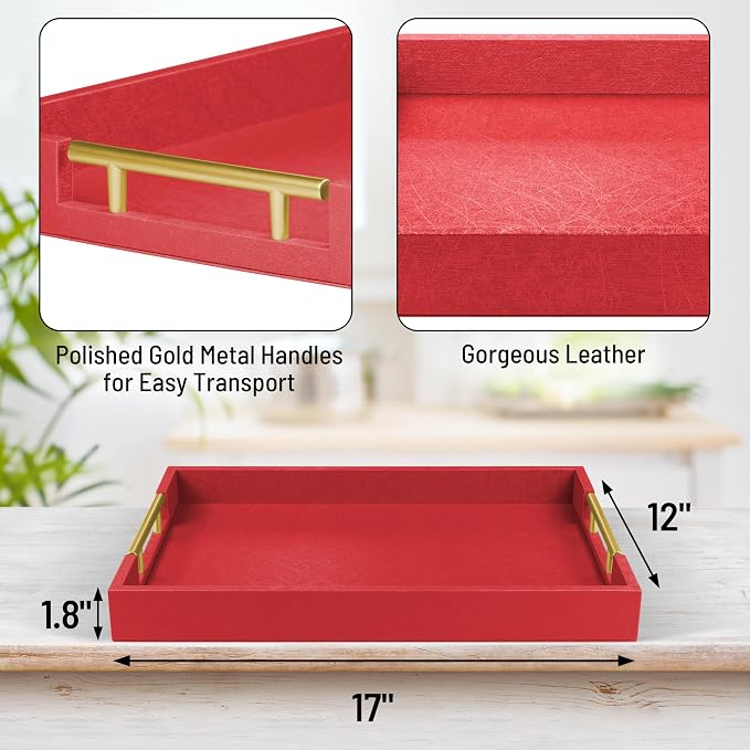 ATZYmolin 17"x12" Leather Serving Tray, Gold Handle Vanity Platter, Red | Rectangle Ottoman Decor Tray, Polished Metal Handles, Coffee Table Bathroom Home Decorative Wood Tray