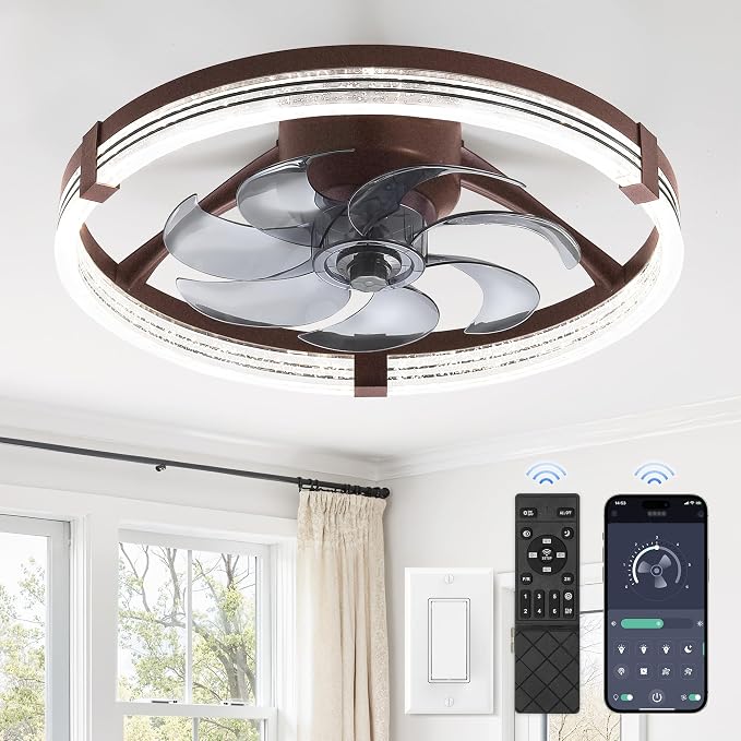 ZMISHIBO Low Profile Ceiling Fans with Lights, Flush Mount Modern Ceiling Fan and Remote Control, 20" LED Ceiling Fans, Stepless Dimmable 3 Colors and 6 Speeds (Brown, 20")