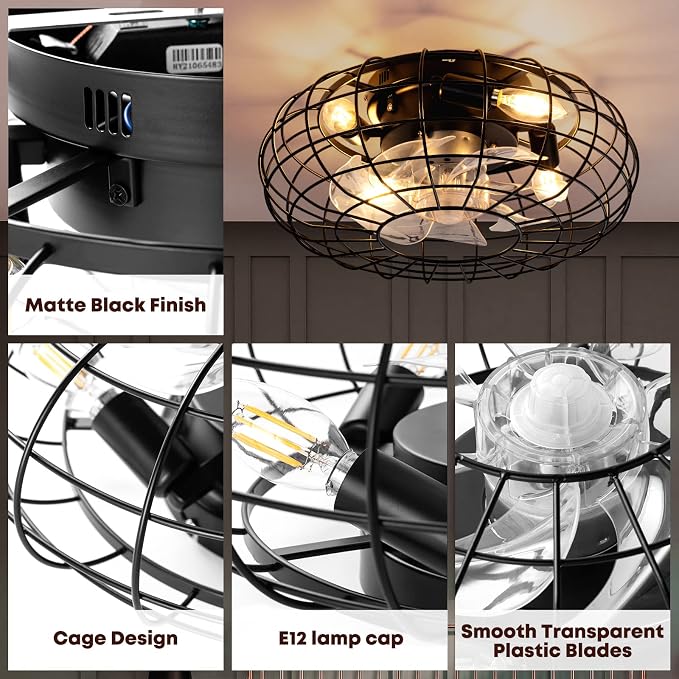 Ceiling Fan with Lights, 16 Inch Caged Ceiling Fan Lights Remote Control Small Industrial Ceiling Fan Light Fixture Flush Mount Farmhouse Light 8 Speeds Bladeless Lights for Bedroom Kitchen