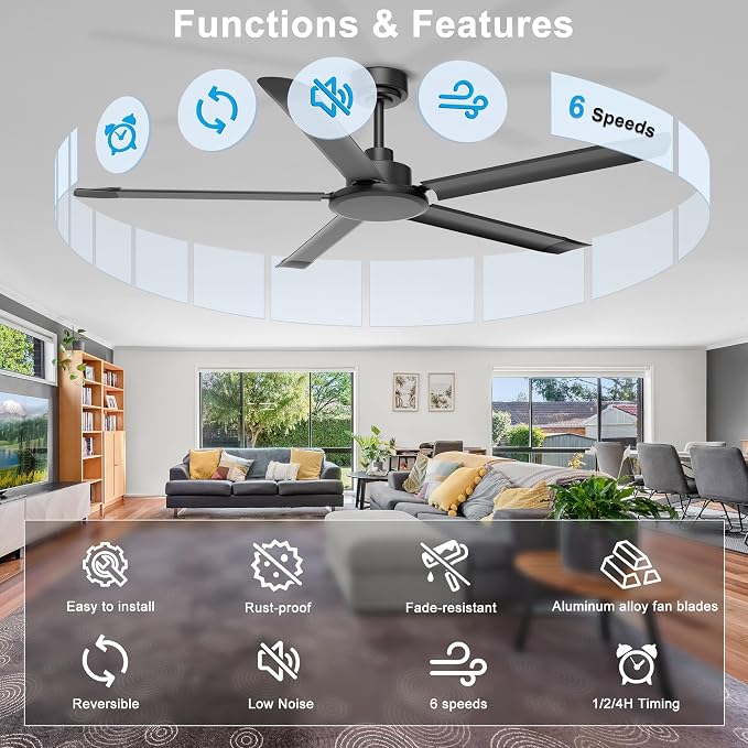 Ohniyou 60'' Ceiling Fan No Light, Black Industrial Ceiling Fan with Remote/APP, Aluminum Blades, 6800 CFM DC Motor for Outdoor Patios,Shop, Garage