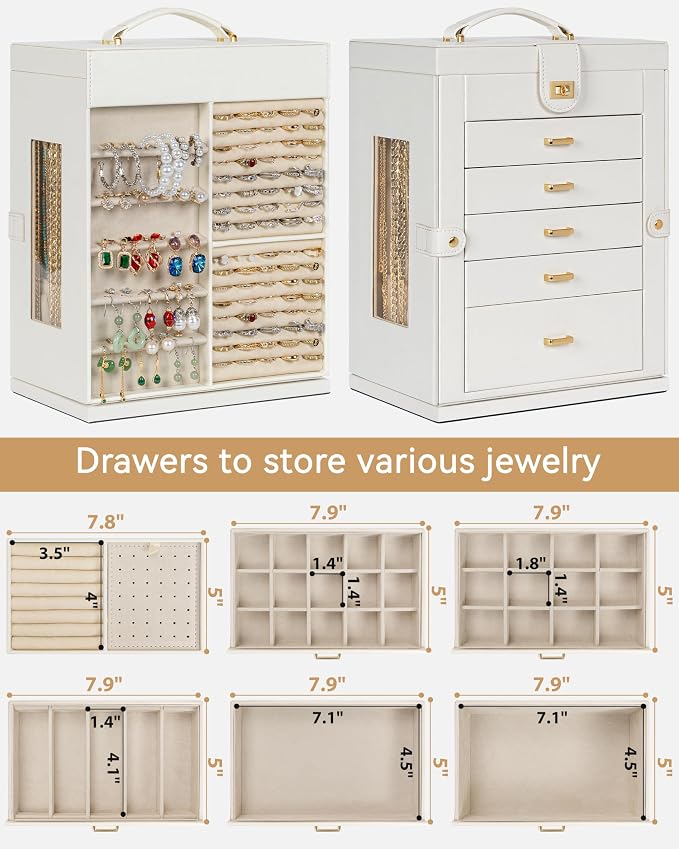 AKOZLIN 6-Tier Jewelry Box Organizer Functional 5 Drawers Leather Jewelry Storage Case for Women Girls Ring Necklace Earring Bracelet Holder Organizer with Mirror XL White 360° Rotating